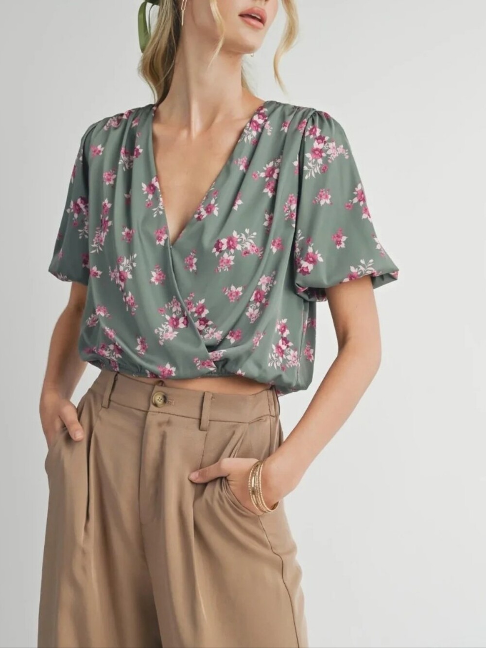 NWT Sadie AND Sage Floral Wrap Blouse in Sage Green with Pink Blossoms